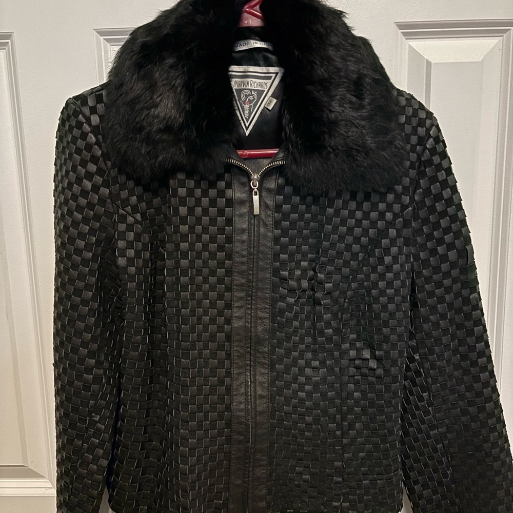 Marvin Richards Black Leather Jacket with Removable Faux Fur Collar